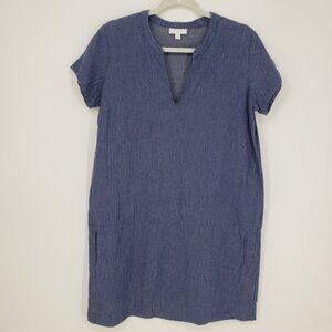 The White Company Linen Shift Dress 8 Short Sleeves Pockets Chambray Blue